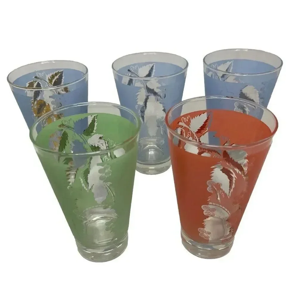 Bartlett Collins Vintage MCM Frosted Mist Glass Tumblers Gold‎ Leaf Set of 5